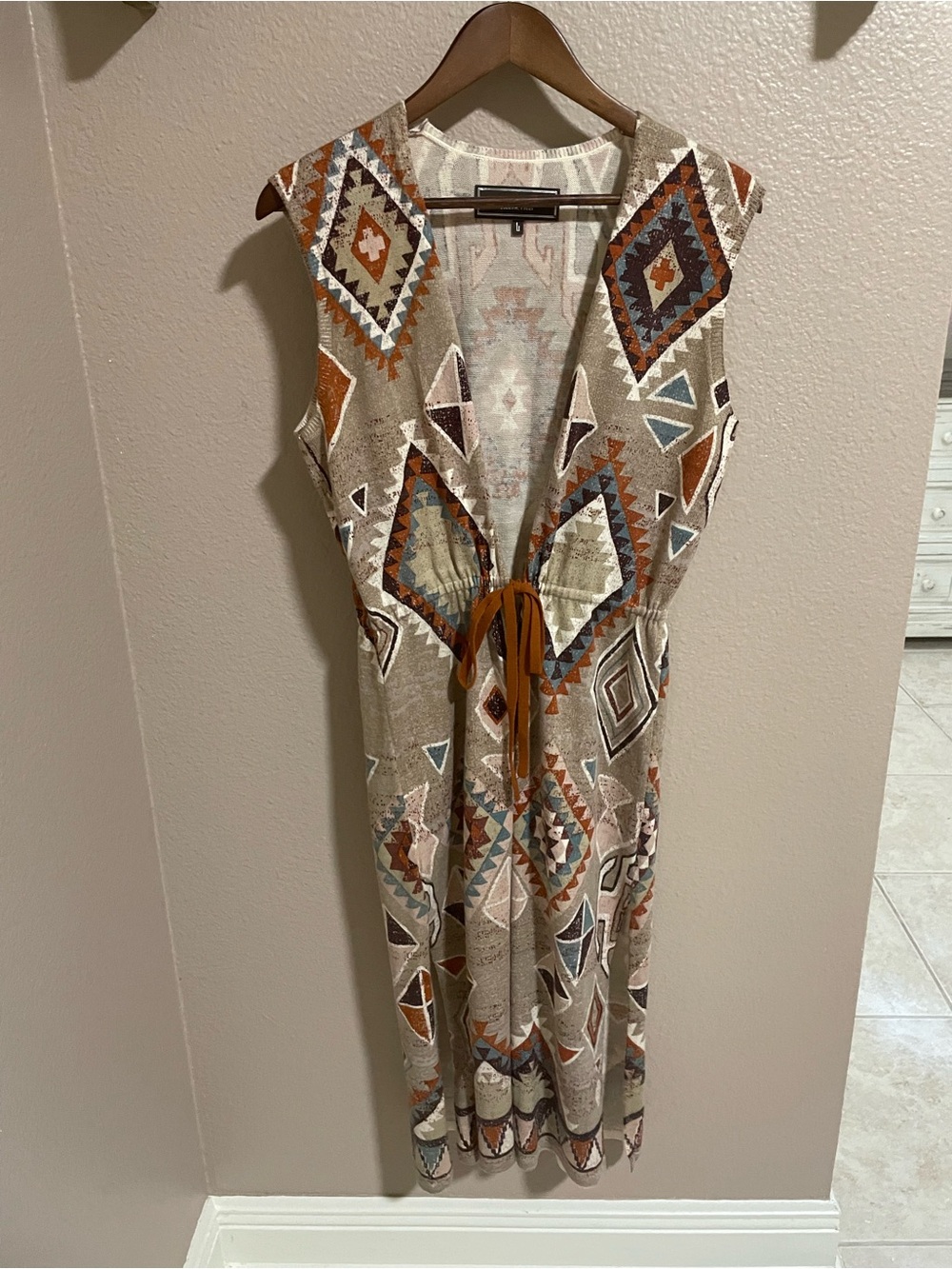 Double D Ranch Sleeveless Beige Aztec Print Maxi Cardigan with Tie Waist Rodeo